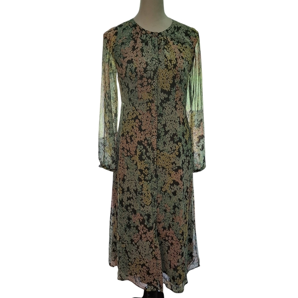 Vintage-Inspired Floral Midi Dress – Sheer Long Sleeves – Boho Chic